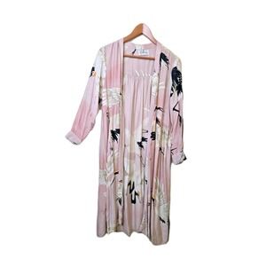ONE HUNDRED STARS Kimono Crane Stork Bird Robe Throw Over Duster Coat Pink OS